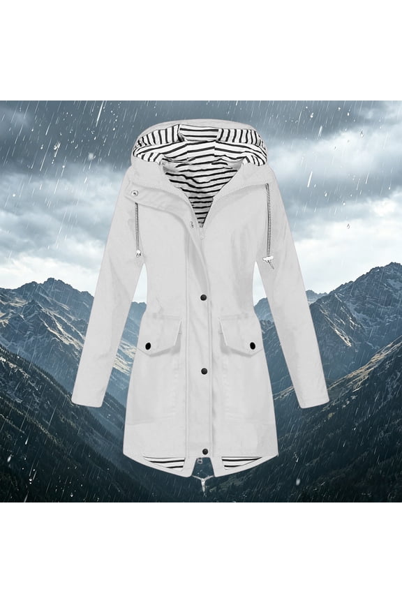 Women's Striped Lined Hooded Softshell Jacket Mid-Length Water-Resistant Windproof Coat Drawstring Waist Full-Zip Quick Dry Lightweight Outerwear Outdoor Hiking Wear White M