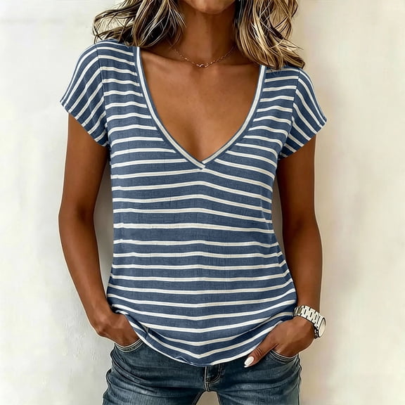 Xaqiouau Women's Striped V-Neck Short Sleeve Top Cotton Blend Slim Fit Casual T-Shirt Lightweight Breathable Summer Daily Wear Navy XXXL