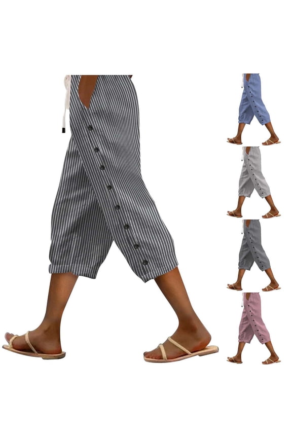Women's Striped Wide Leg Pants Button Down Front Elastic Waist Drawstring Casual Summer Beach Wear Loose Culottes Mid-Calf Length Trousers Multiple Color Options