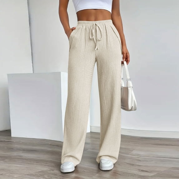 Xaqiouau Women's Textured Crinkle Wide Leg Pants – High Waist Drawstring Casual Trousers with Pockets, Multi-Color Options