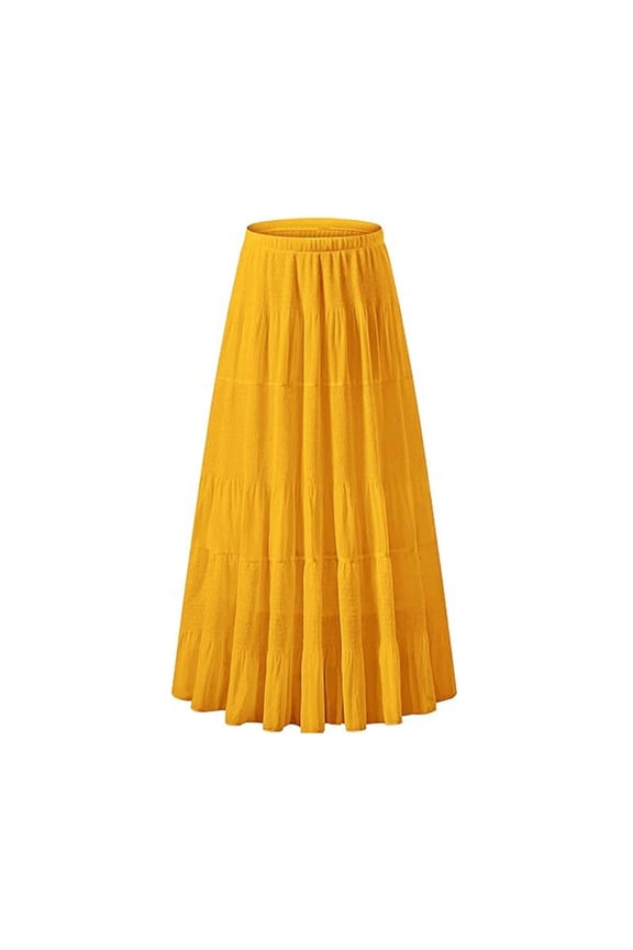 Women's Tiered Layered Maxi Skirt - Elastic Waist Flowy Lightweight Pleated Long Skirt Soft Breathable Versatile for Casual Daily Beach Vacation Summer Wear