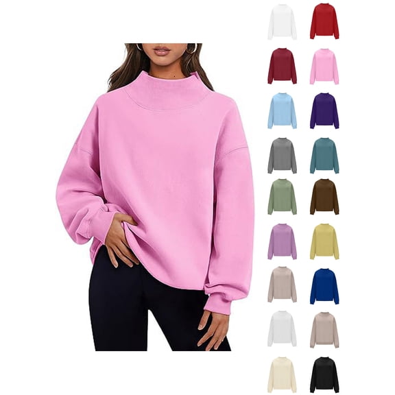 Xaqiouau Women's Turtleneck Long Sleeve Pullover Sweatshirt Loose Fit Solid Color Casual Basic Top Fall Winter Everyday Layering Blouse Pink L