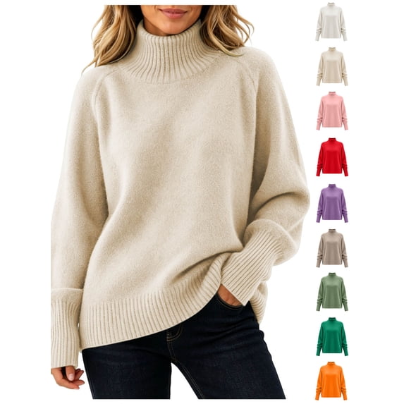 Xaqiouau Women's Turtleneck Sweater High Neck Long Sleeve Pullover Solid Color Thickened Knit Base Top Soft Warm Cozy Fall Winter Everyday Wear Beige L