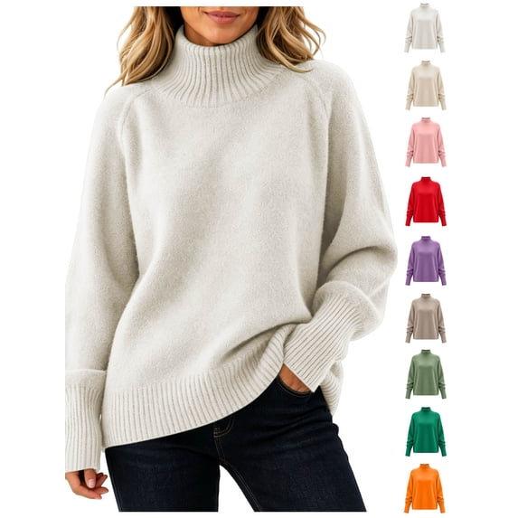Xaqiouau Women's Turtleneck Sweater High Neck Long Sleeve Pullover Solid Color Thickened Knit Base Top Soft Warm Cozy Fall Winter Everyday Wear White L