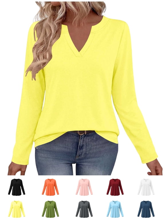 Women's V-Neck Long Sleeve T-Shirt Solid Color Relaxed Fit Basic Top Stretch Casual Base Layer Shirt Spring Fall Everyday Wear Versatile Staple Yellow XL