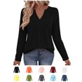 thumbnail image 1 of Xaqiouau Women's V-Neck Long Sleeve T-Shirt Solid Color Relaxed Fit Basic Top Stretch Casual Base Layer Shirt Spring Fall Everyday Wear Versatile Staple Black XL, 1 of 7