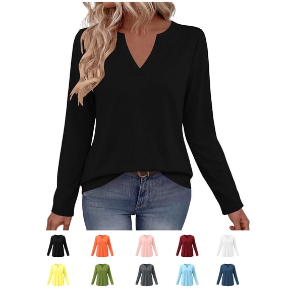 Xaqiouau Women's V-Neck Long Sleeve T-Shirt Solid Color Relaxed Fit Basic Top Stretch Casual Base Layer Shirt Spring Fall Everyday Wear Versatile Staple Black XL