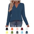 thumbnail image 1 of Xaqiouau Women's V-Neck Long Sleeve T-Shirt Solid Color Relaxed Fit Basic Top Stretch Casual Base Layer Shirt Spring Fall Everyday Wear Versatile Staple Navy S, 1 of 7