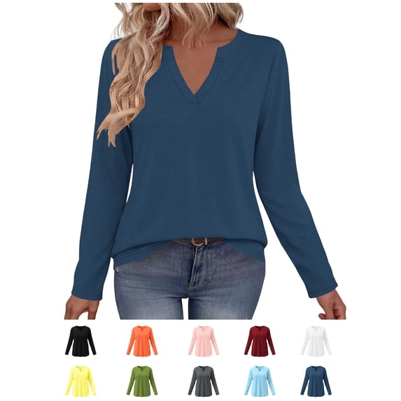 Xaqiouau Women's V-Neck Long Sleeve T-Shirt Solid Color Relaxed Fit Basic Top Stretch Casual Base Layer Shirt Spring Fall Everyday Wear Versatile Staple Navy S
