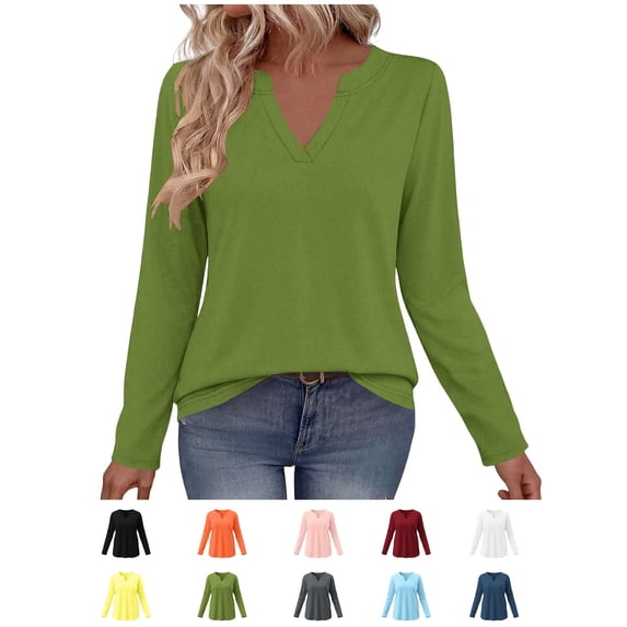 Xaqiouau Women's V-Neck Long Sleeve T-Shirt Solid Color Relaxed Fit Basic Top Stretch Casual Base Layer Shirt Spring Fall Everyday Wear Versatile Staple Green XL