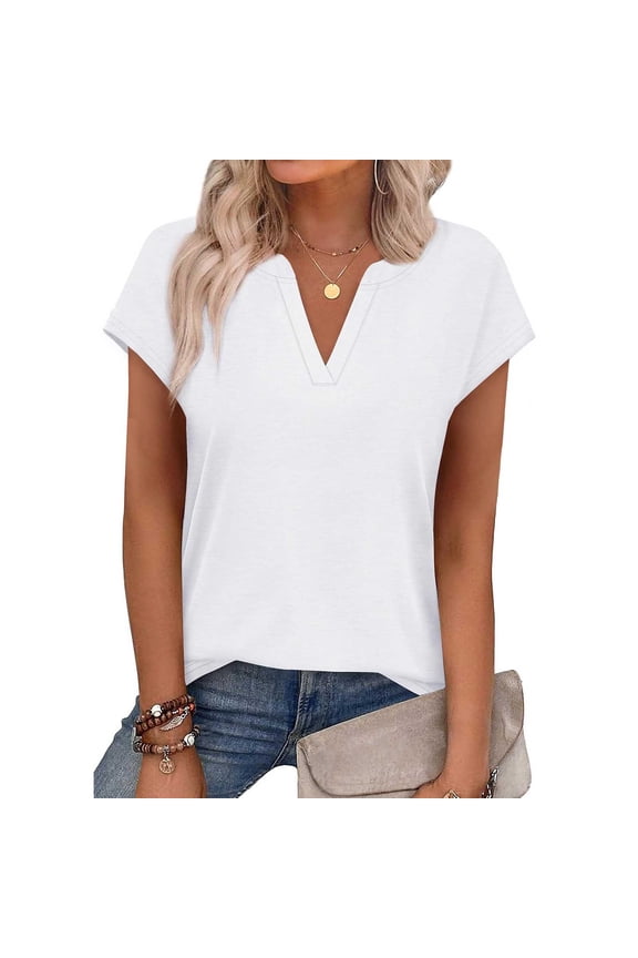 Women's V Neck Short Sleeve Loose Fit T-Shirt - Casual Soft Lightweight Basic Tee for Summer Daily Wear