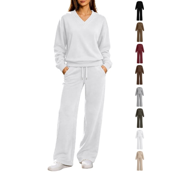 Xaqiouau Women's V-Neck Sweatshirt and Wide Leg Pants Set Loose Fit Long Sleeve Pullover Top High Waisted Drawstring Tracksuit Casual Lounge Wear 2 Piece Outfit White L