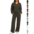 thumbnail image 1 of Xaqiouau Women's V-Neck Sweatshirt and Wide Leg Pants Set Loose Fit Long Sleeve Pullover Top High Waisted Drawstring Tracksuit Casual Lounge Wear 2 Piece Outfit Army Green L, 1 of 9
