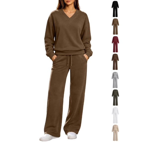 Xaqiouau Women's V-Neck Sweatshirt and Wide Leg Pants Set Loose Fit Long Sleeve Pullover Top High Waisted Drawstring Tracksuit Casual Lounge Wear 2 Piece Outfit Khaki XL
