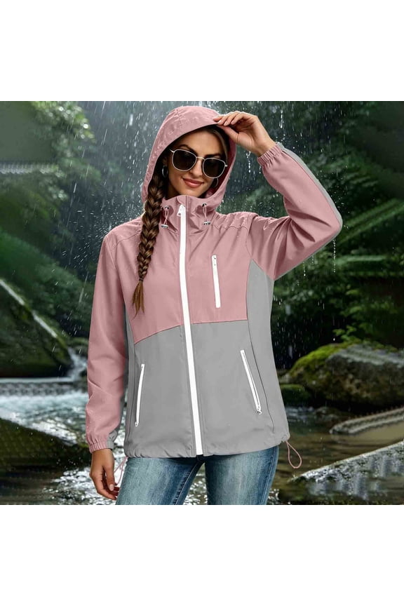 Women's Waterproof Hooded Windbreaker Lightweight Full-Zip Rain Jacket with Zipper Pockets Adjustable Drawstring Hem for Outdoor Hiking Camping Gray S