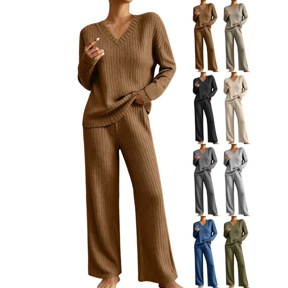 Xaqiouau Womens 2 Piece Sweater Sets V Neck Long Sleeve Ribbed Knit Top Wide Leg Pants Matching Lounge Outfits Casual Loungewear Fall Winter