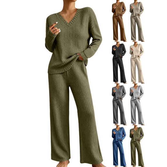 Xaqiouau Womens 2 Piece Sweater Sets V Neck Long Sleeve Ribbed Knit Top Wide Leg Pants Matching Lounge Outfits Casual Loungewear Fall Winter