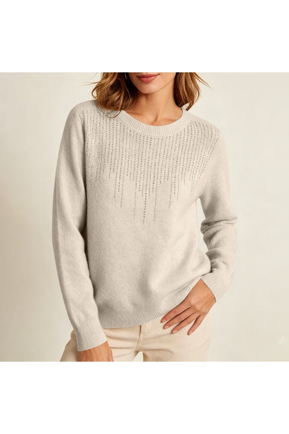Womens Acrylic Solid Color Rhinestone Embellished Crew Neck Relaxed Fit Pullover Knit Sweater Long Sleeve Everyday Layering Base Top Beige XXL
