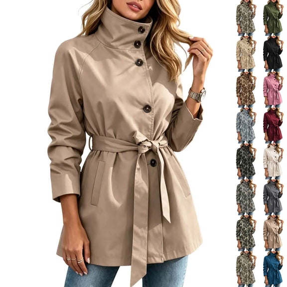 Xaqiouau Womens Belted Trench Coat with Stand Collar Button Front Long Sleeve Mid Thigh Jacket for Fall and Spring Outfits