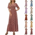 thumbnail image 1 of Xaqiouau Womens Boho Floral Maxi Dress Short Sleeve Casual Summer Long Dress Crew Neck Flowy A Line Beach Vacation Dress, 1 of 7