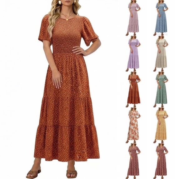 Xaqiouau Womens Boho Floral Maxi Dress Short Sleeve Casual Summer Long Dress Crew Neck Flowy A Line Beach Vacation Dress