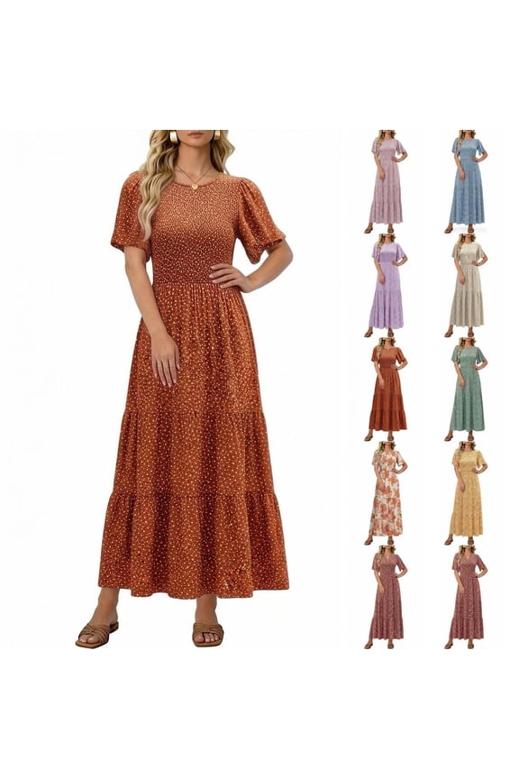 Womens Boho Floral Maxi Dress Short Sleeve Casual Summer Long Dress Crew Neck Flowy A Line Beach Vacation Dress