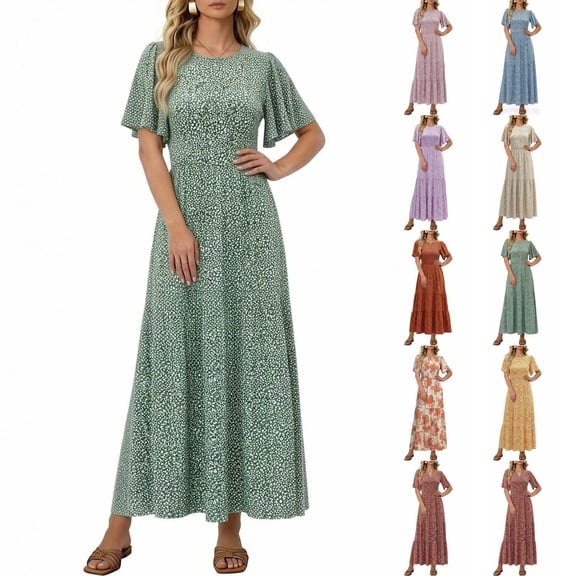Xaqiouau Womens Maxi Dress Short Sleeve Floral Print Boho Dress Casual Summer Dresses for Women Round Neck A Line Long Dress Beach Vacation Outfit
