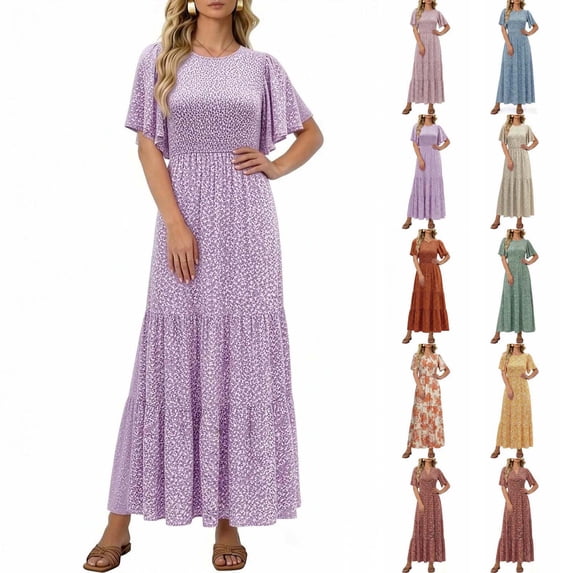 Xaqiouau Womens Boho Floral Maxi Dress Short Sleeve Casual Summer Long Dress Crew Neck Flowy A Line Beach Vacation Dress