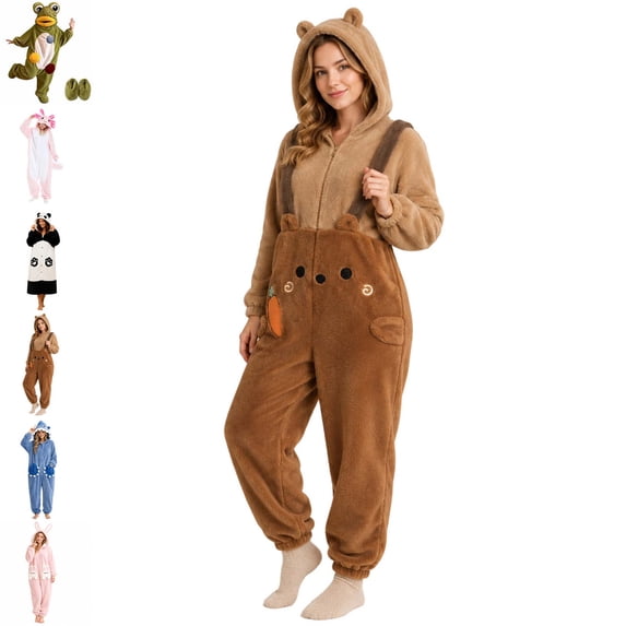 Xaqiouau Womens Brown Bear Kigurumi Onesie Pajamas Hooded Animal One Piece Sleepwear Cozy Long Sleeve Loungewear Jumpsuit With Pockets