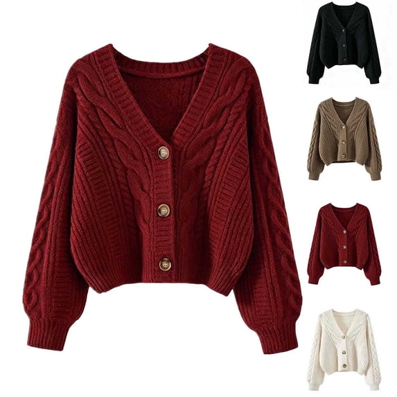 Xaqiouau Womens Cardigan Sweater Button Down Long Sleeve V Neck Cable Knit Cropped Jacket Casual Loose Spring Fall Layering Coat