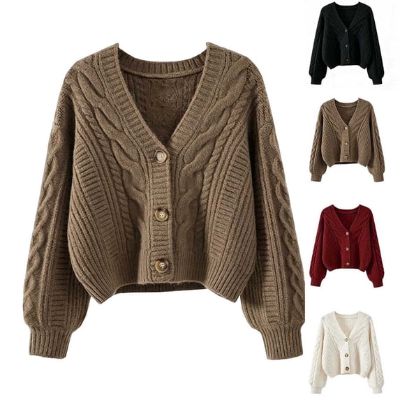 Xaqiouau Womens Cardigan Sweater Button Down Long Sleeve V Neck Cable Knit Cropped Jacket Casual Loose Spring Fall Layering Coat