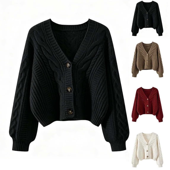 Xaqiouau Womens Cardigan Sweater Button Down Long Sleeve V Neck Cable Knit Cropped Jacket Casual Loose Spring Fall Layering Coat