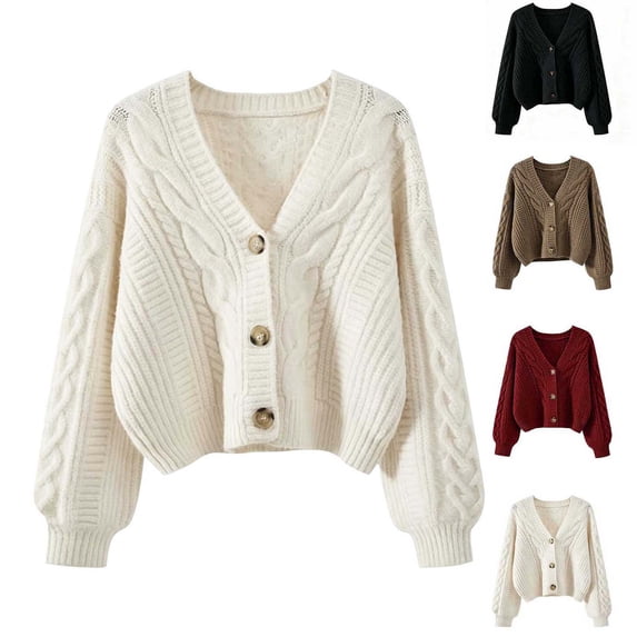 Xaqiouau Womens Cardigan Sweater Button Down Long Sleeve V Neck Cable Knit Cropped Jacket Casual Loose Spring Fall Layering Coat