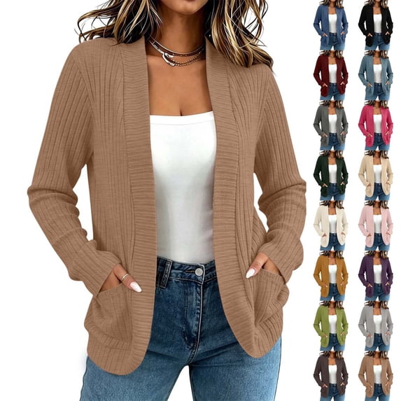 Xaqiouau Womens Cardigan Sweaters Long Sleeve Ribbed Knit Open Front Lightweight Knit Outwear with Pockets Casual Loose Fit Solid Color Cardigan