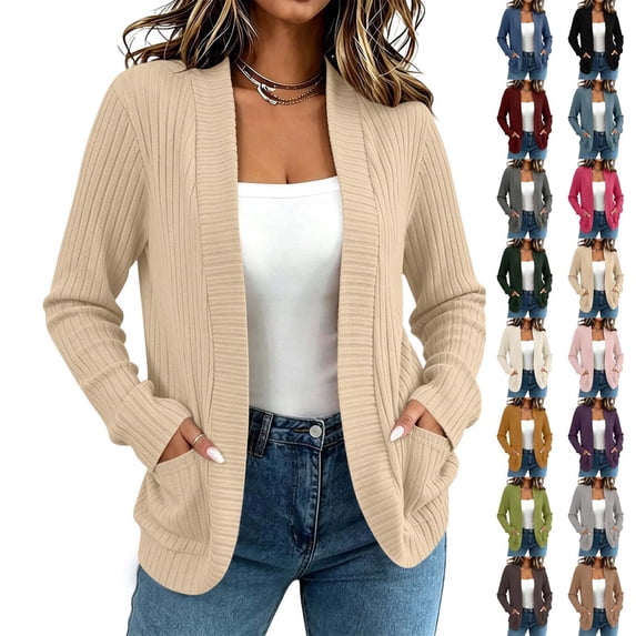 Xaqiouau Womens Cardigan Sweaters Long Sleeve Ribbed Knit Open Front Lightweight Knit Outwear with Pockets Casual Loose Fit Solid Color Cardigan