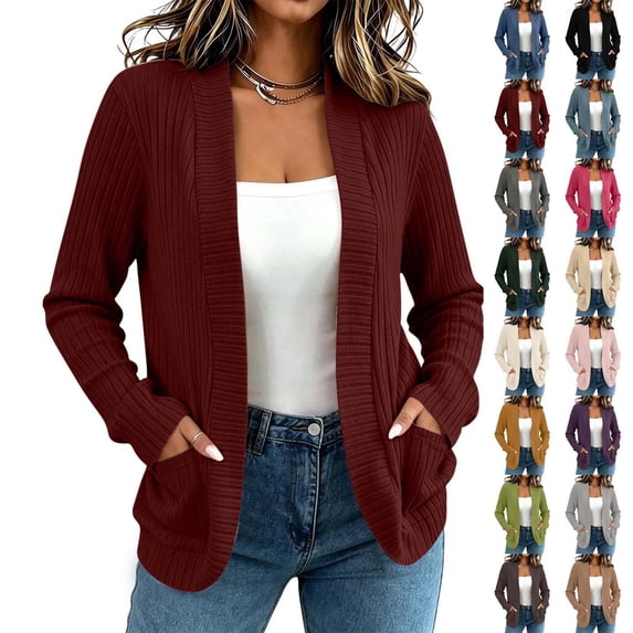 Xaqiouau Womens Cardigan Sweaters Long Sleeve Ribbed Knit Open Front Lightweight Knit Outwear with Pockets Casual Loose Fit Solid Color Cardigan