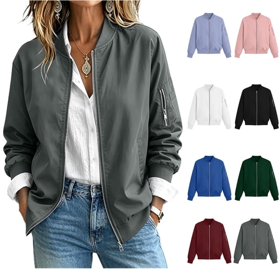 Xaqiouau Womens Casual Relaxed Fit Full Zip Bomber Jacket Mid-Length Stretchable Long Sleeve Outerwear With Zipper Pocket Gray M