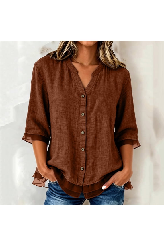 Womens Casual Solid Color Shirts Split Notch V Neck Front Buttons Three Quarter Sleeves Sheer Chiffon Trim Hem Polyester Everyday Blouses Spring Summer Tops Brown L