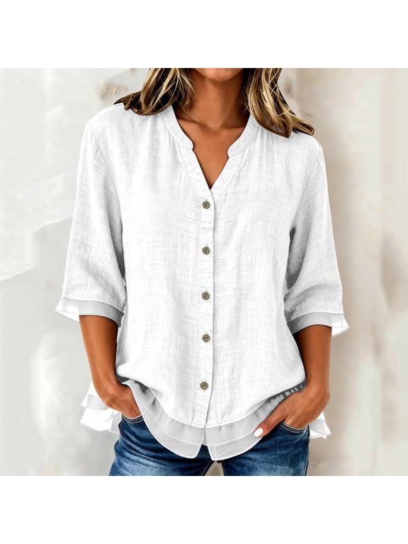 Womens Casual Solid Color Shirts Split Notch V Neck Front Buttons Three Quarter Sleeves Sheer Chiffon Trim Hem Polyester Everyday Blouses Spring Summer Tops White S