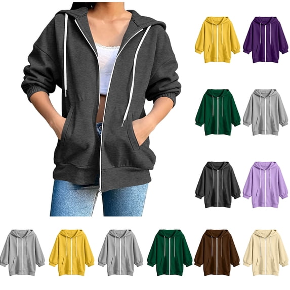 Xaqiouau Womens Casual Solid Color Zipper Drawstring 3/4 Sleeve Elastic Cuff Jacket Polyester Blend Lightsoft Trendy Outerwear For Fall Winter Daily Athleisure Wear Dark Gray M