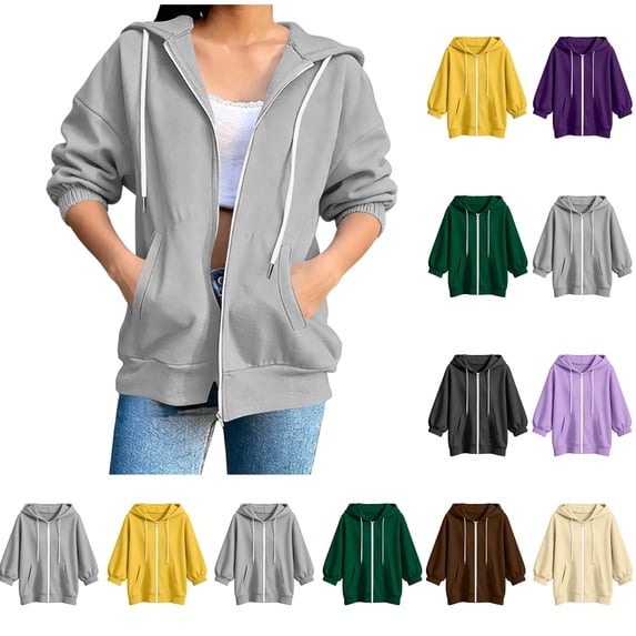 Xaqiouau Womens Casual Solid Color Zipper Drawstring 3/4 Sleeve Elastic Cuff Jacket Polyester Blend Lightsoft Trendy Outerwear For Fall Winter Daily Athleisure Wear Gray XXL