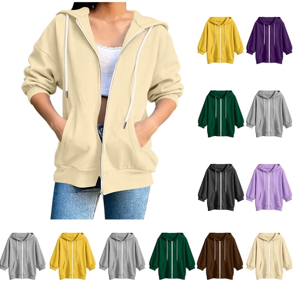 Xaqiouau Womens Casual Solid Color Zipper Drawstring 3/4 Sleeve Elastic Cuff Jacket Polyester Blend Lightsoft Trendy Outerwear For Fall Winter Daily Athleisure Wear Beige M