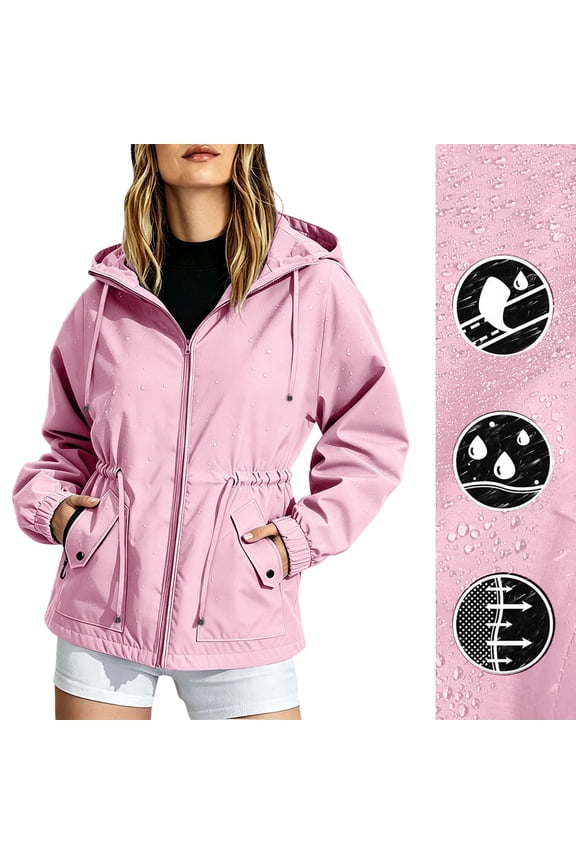 Womens Cinched Waist Hooded Windbreaker Oxford Fabric Full Zip Snap Flap Pocket Water Resistant Outdoor Walking Travel Outer Jackets Pink M