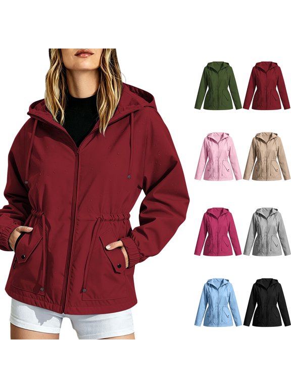 Womens Cinched Waist Hooded Windbreaker Oxford Fabric Full Zip Snap Flap Pocket Water Resistant Outdoor Walking Travel Outer Jackets Wine XXL