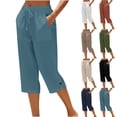 thumbnail image 1 of Xaqiouau Womens Cotton Linen Capri Pants High Waisted Drawstring Crop Pants Casual Wide Leg Summer Lounge Trousers with Pockets Button Split Hem, 1 of 5