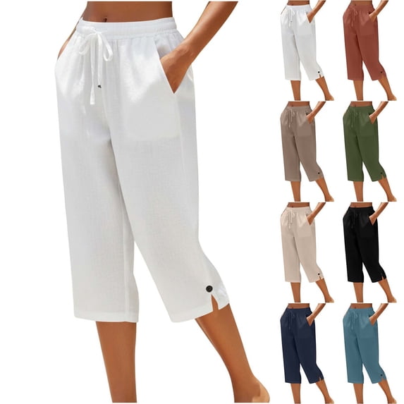 Xaqiouau Womens Cotton Linen Capri Pants High Waisted Drawstring Crop Pants Casual Wide Leg Summer Lounge Trousers with Pockets Button Split Hem