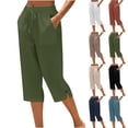thumbnail image 1 of Xaqiouau Womens Cotton Linen Capri Pants High Waisted Drawstring Crop Pants Casual Wide Leg Summer Lounge Trousers with Pockets Button Split Hem, 1 of 5