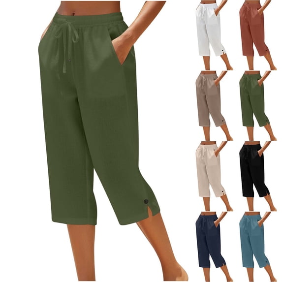 Xaqiouau Womens Cotton Linen Capri Pants High Waisted Drawstring Crop Pants Casual Wide Leg Summer Lounge Trousers with Pockets Button Split Hem