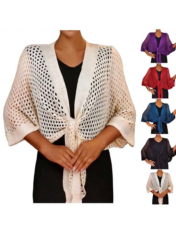 Womens Crochet Shrug Cardigan Tie Front Open Knit Cover Up Lightweight Fishnet Bolero Sweater for Dresses Summer Cardigan