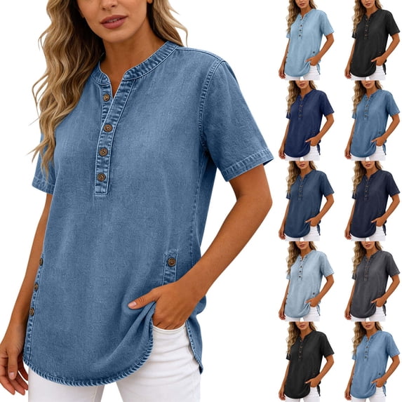 Xaqiouau Womens Denim Tunic Top Short Sleeve Henley Shirt Casual Loose Fit Button Down Summer Blouse Jean Look T Shirt